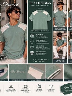 Ben Sherman Sage Green and Cream Colorblock Crewneck Polo